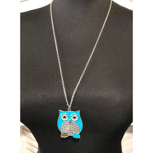 NWOT Girls Owl Pendant Necklace Blue Enamel Silver Metal Chain Jewelry